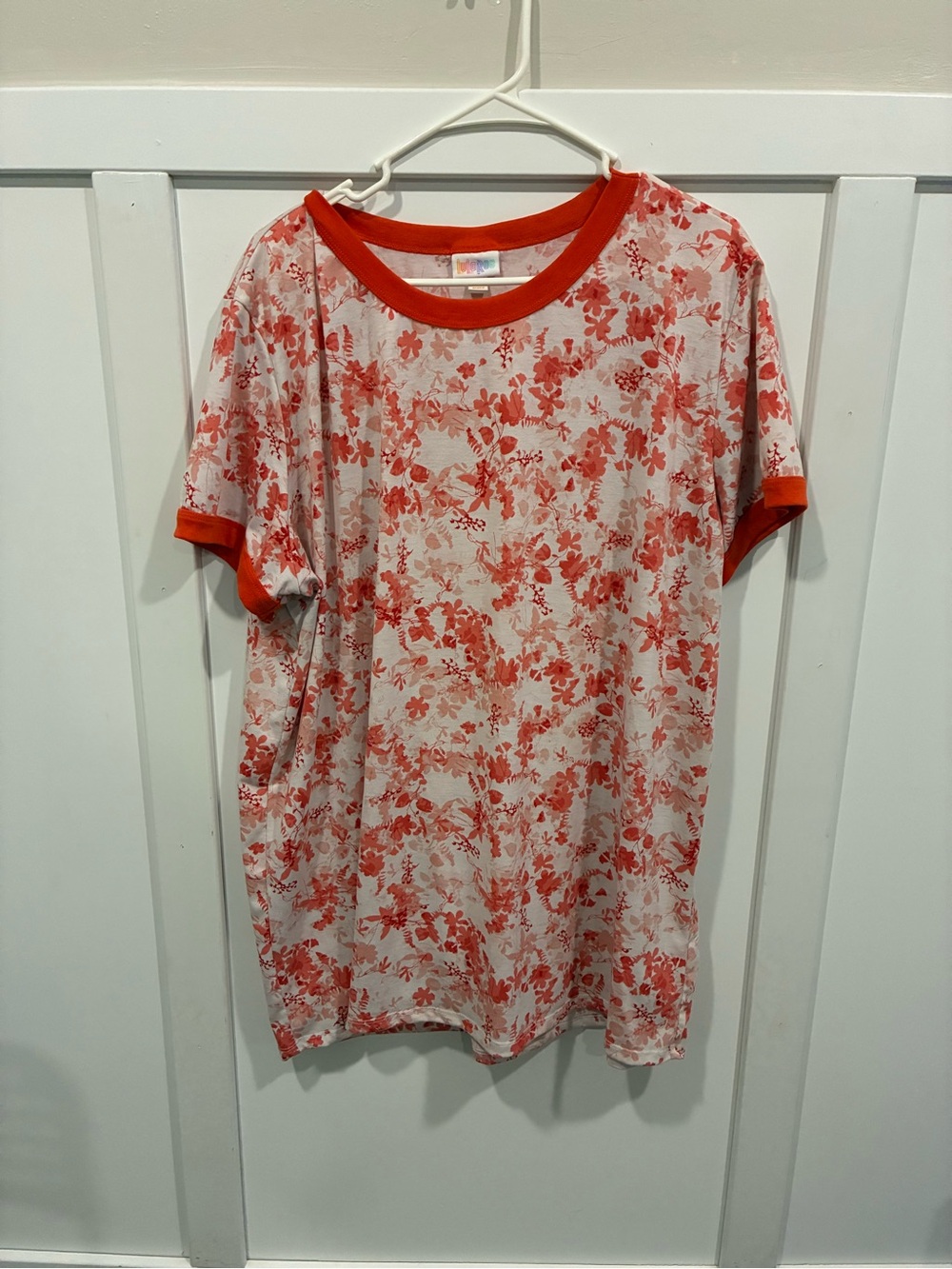 LuLaRoe Red Floral Ringer Tee with Orange Trim